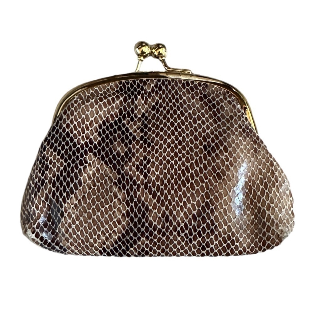 Margot Leather Snake Print Mini Clutch Purse Taupe Kiss Lock Gold Hardware